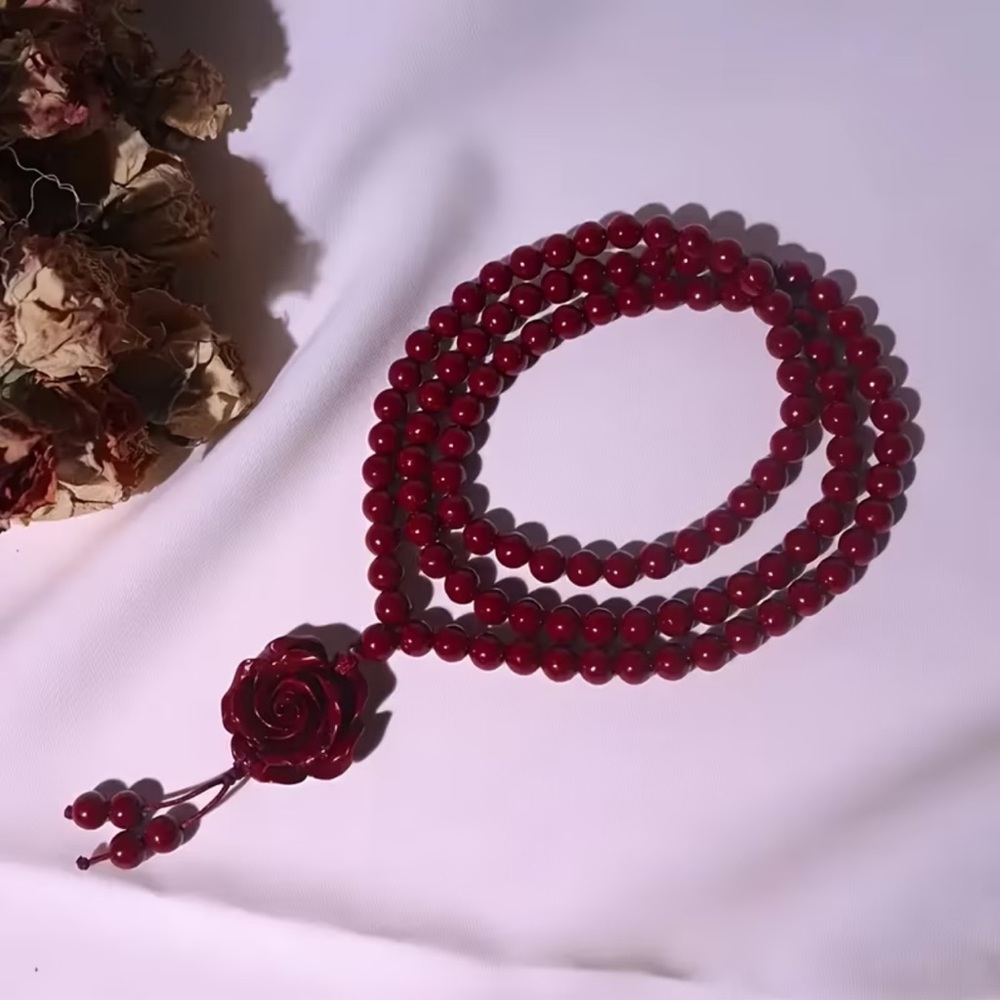 Elegant Red Beaded Necklace with Rose Charm - Picture 3 of 8